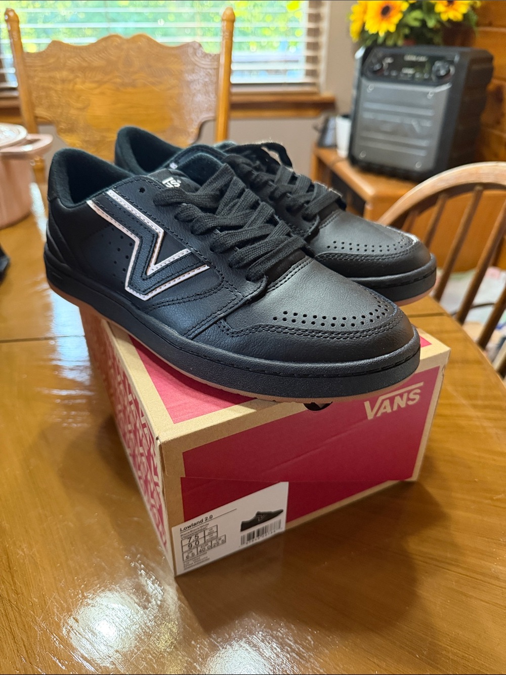 Van's Lowland 2.0 Men's Black Leather Sneaker with White Accents and Gum Sole